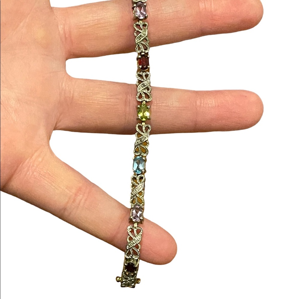 Vintage sterling silver 925 Ornate multi gemstone fancy bracelet  amethyst